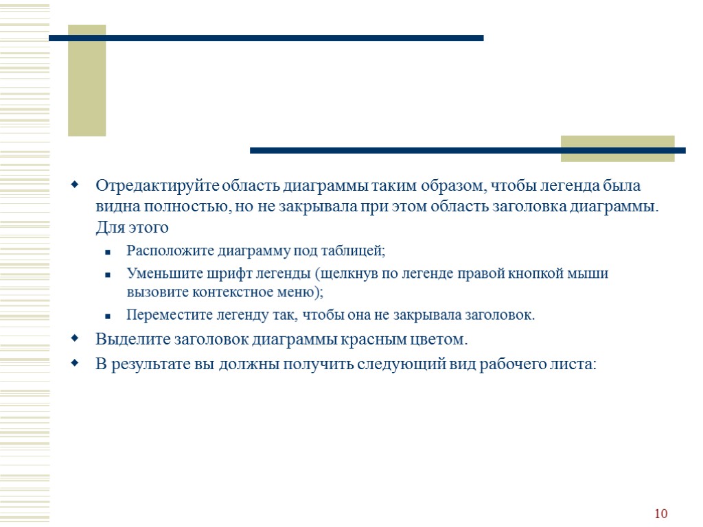 10 Отредактируйте область диаграммы таким образом, чтобы легенда была видна полностью, но не закрывала